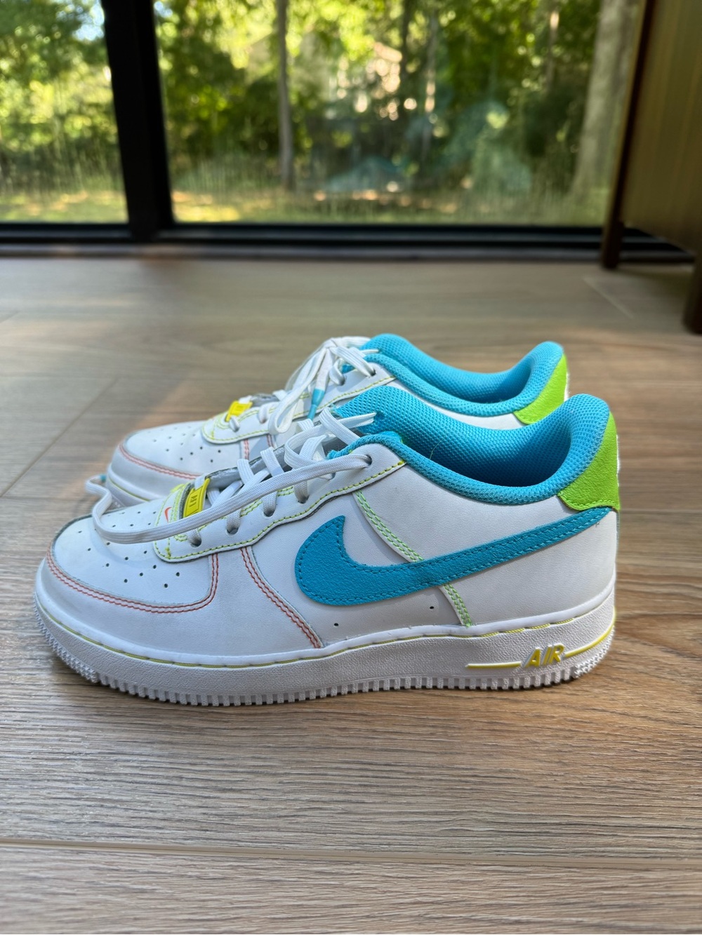 Nike Kids Air Force 1's with Teal Swoosh and Neon Green Accents